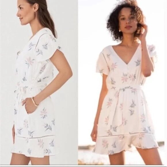 Faherty White Lotus Blossom Floral V-Neck Phoenix Dress L - Picture 2 of 9